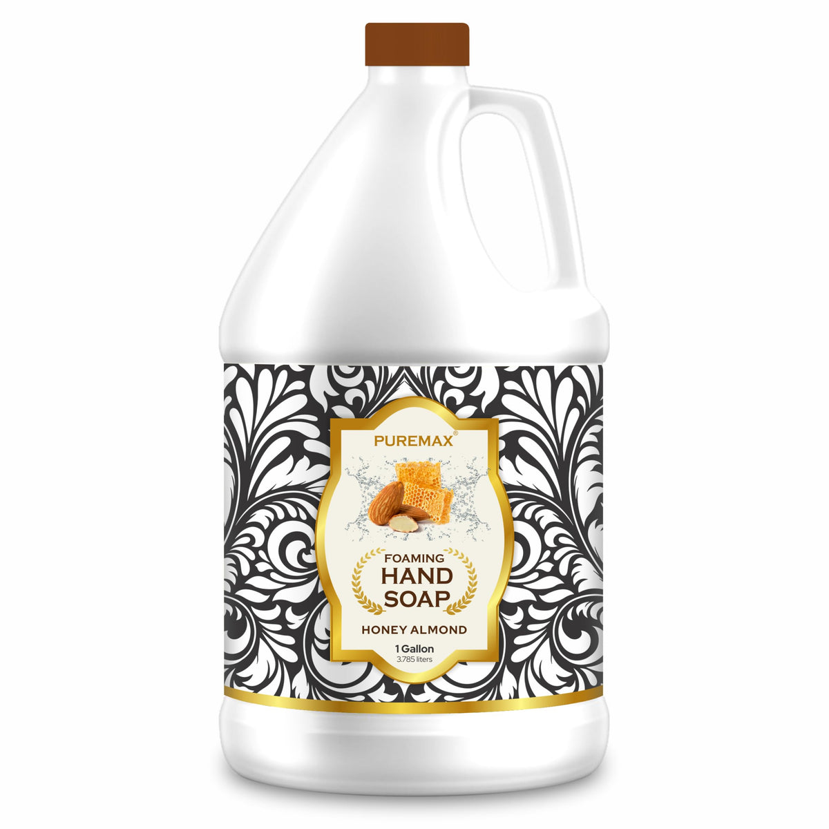 Puremax gallon front view showing container and honey almond label for easy refills
