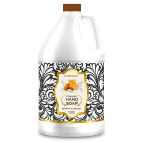 Puremax gallon front view showing container and honey almond label for easy refills