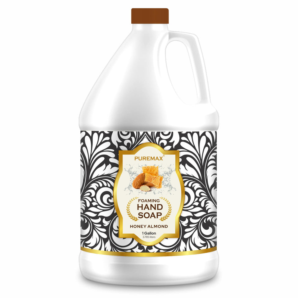 Puremax gallon front view showing container and honey almond label for easy refills