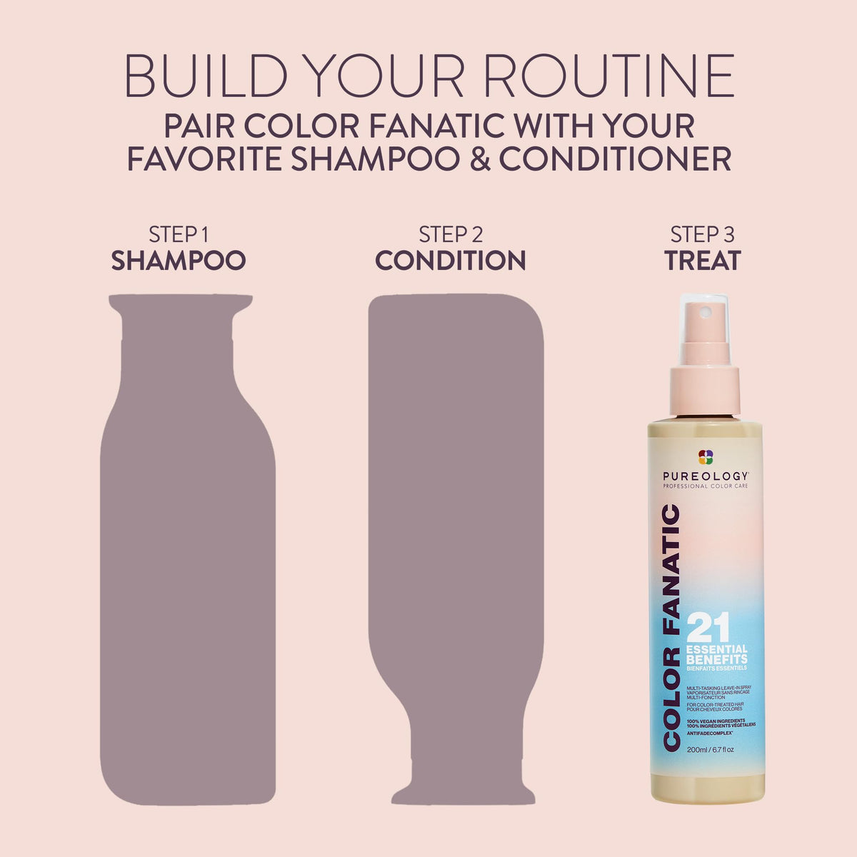 Pureology Color Fanatic bottle on bathroom shelf in a clean lifestyle setting