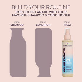 Pureology Color Fanatic bottle on bathroom shelf in a clean lifestyle setting