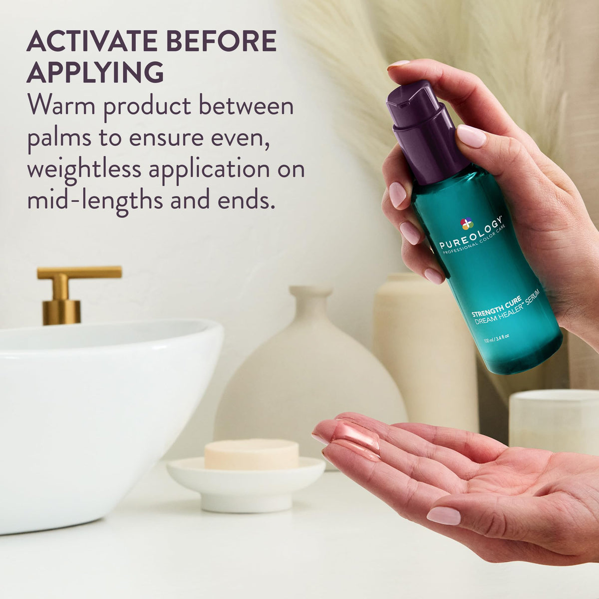 Pureology bottle held in hand to show size and travel-friendly convenience
