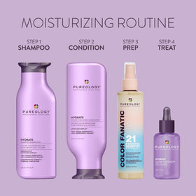 Pureology conditioner next to a hand for size comparison showing travel- and shower-friendly benefit
