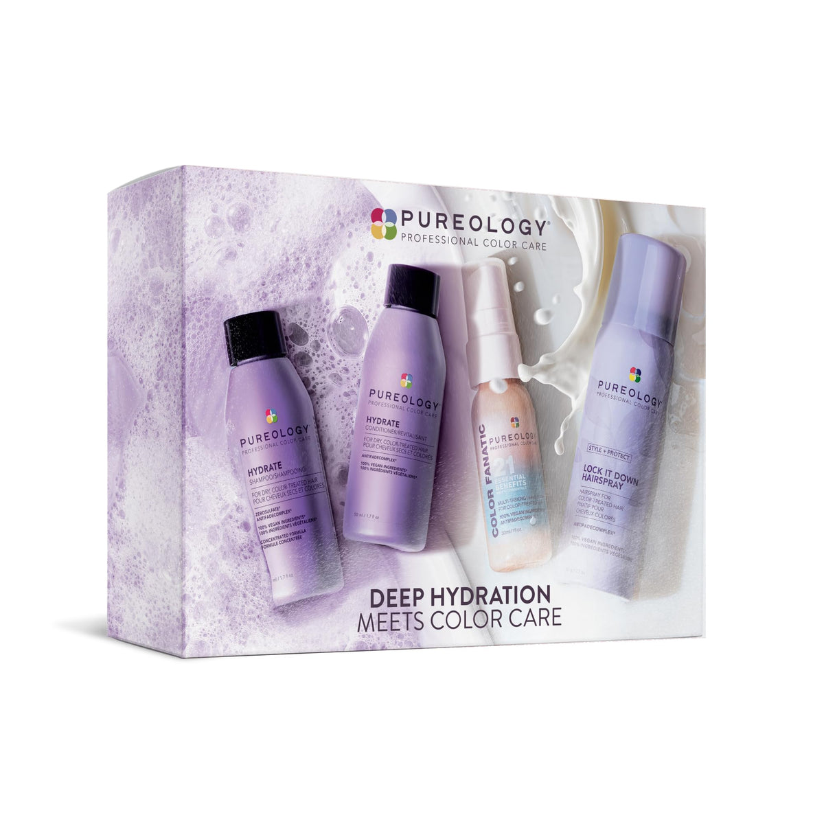 Pureology hydrate kit front packaging showing four travel-size products and benefits