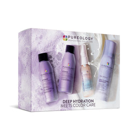 Pureology hydrate kit front packaging showing four travel-size products and benefits