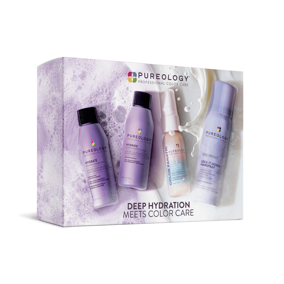 Pureology hydrate kit front packaging showing four travel-size products and benefits