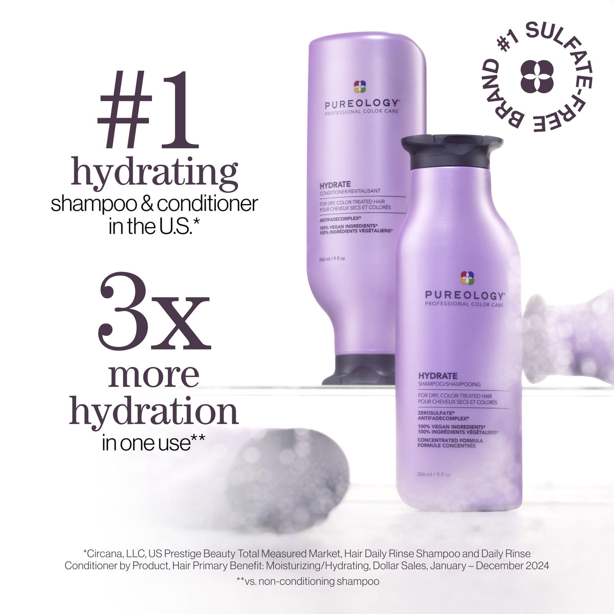 Pureology hydrate shampoo bottle close-up highlighting creamy formula and color protection