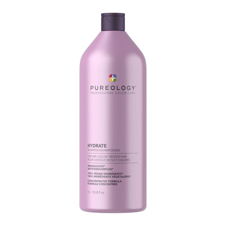 Pureology Hydrate shampoo front packaging shows size and brand benefit