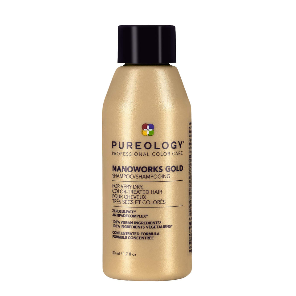Pureology Nanoworks Gold front bottle showing sleek label and salon-ready benefit