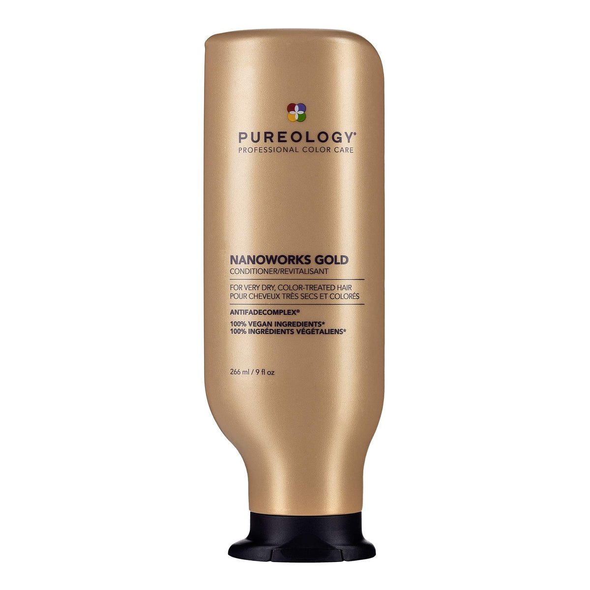 Pureology Nanoworks Gold front packaging shows bottle and product benefits