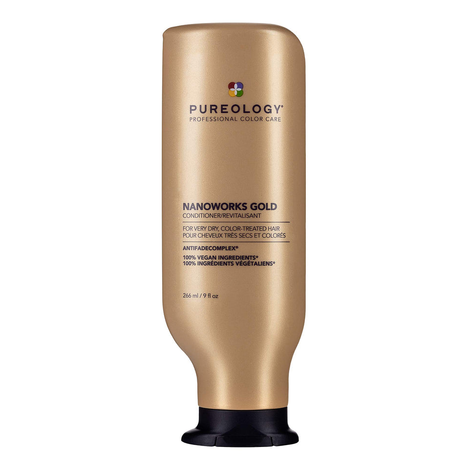 Pureology Nanoworks Gold front packaging shows bottle and product benefits
