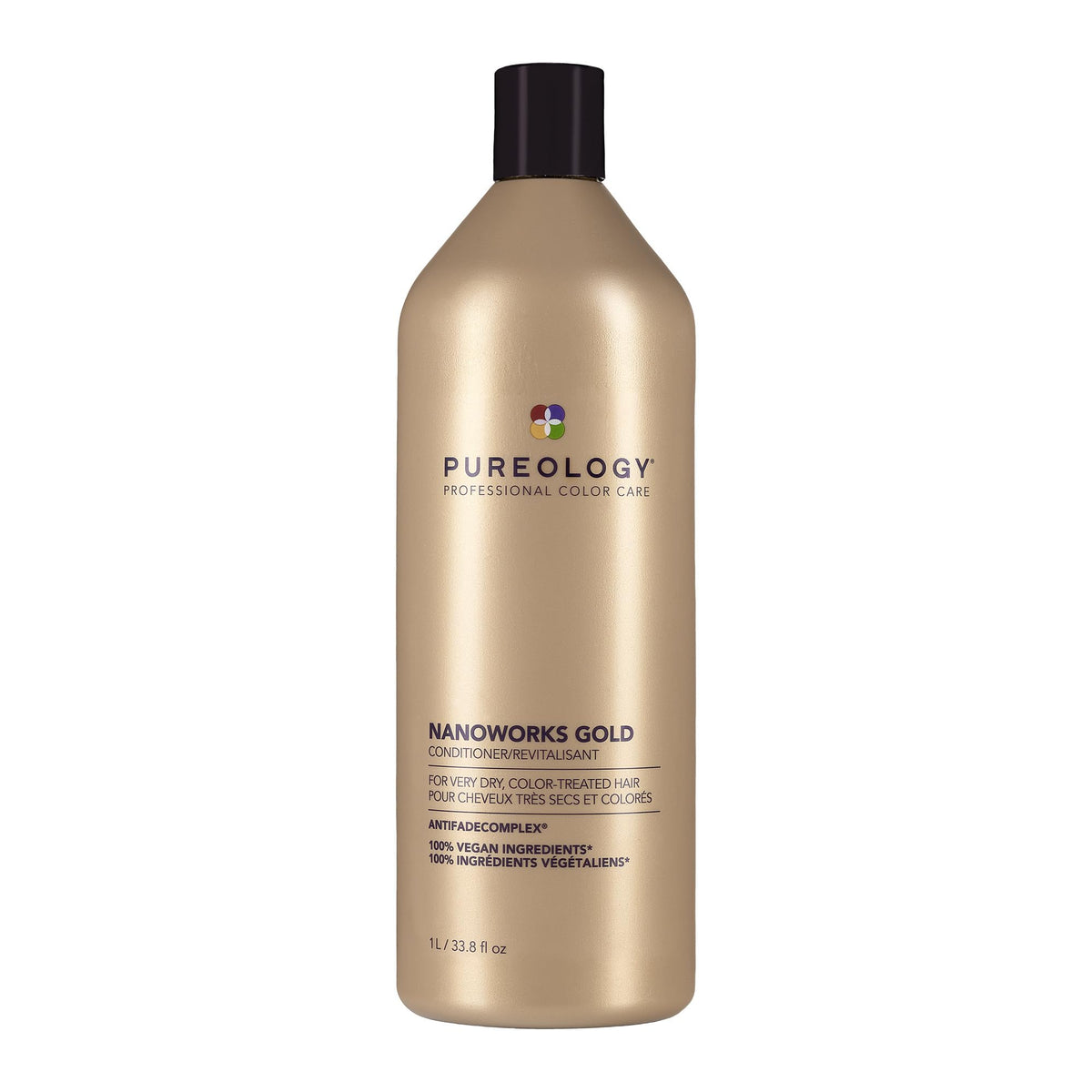 Pureology Nanoworks Gold front packaging shows full bottle and size benefit
