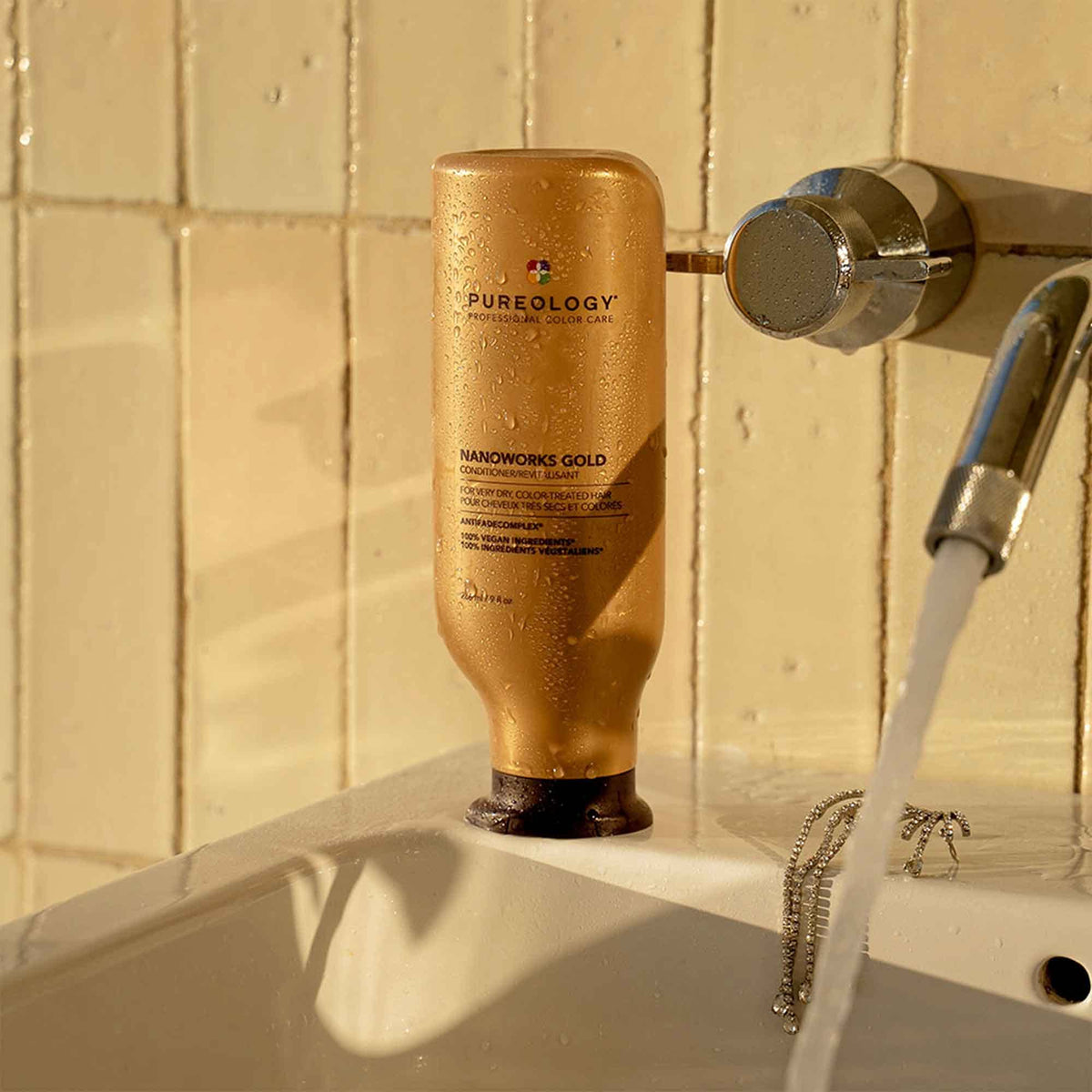 Pureology before-and-after on dry color-treated hair showing improved shine