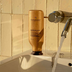 Pureology before-and-after on dry color-treated hair showing improved shine