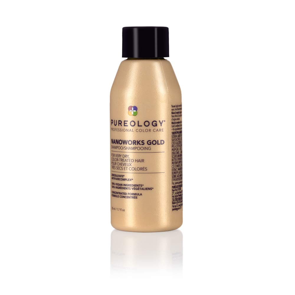 Pureology Nanoworks Gold on a bathroom shelf styled for a luxe daily routine