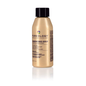 Pureology Nanoworks Gold on a bathroom shelf styled for a luxe daily routine
