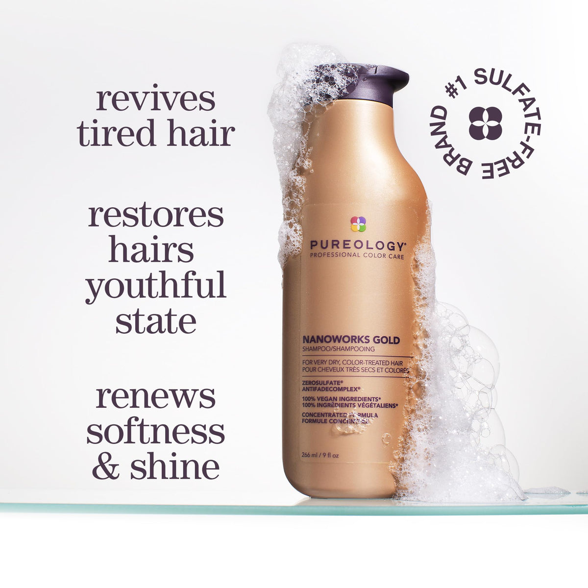 Pureology bottle pump and clear label close-up highlighting vegan, sulfate-free benefits