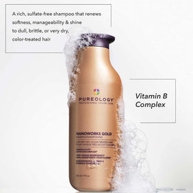 Pureology Nanoworks Gold pump close-up emphasizing easy dispensing and control
