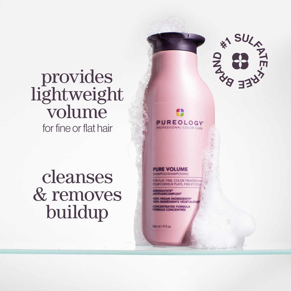 Pureology top label close-up showing product name and vegan formulation benefits