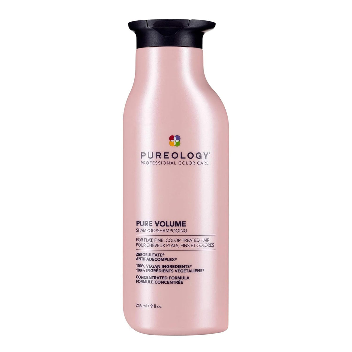 Pureology front packaging showing bottle and logo delivering volumizing benefits