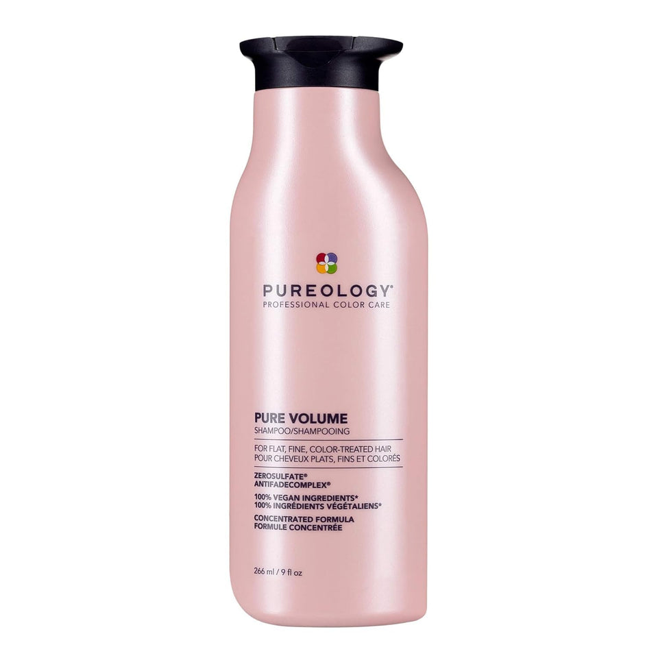 Pureology front packaging showing bottle and logo delivering volumizing benefits