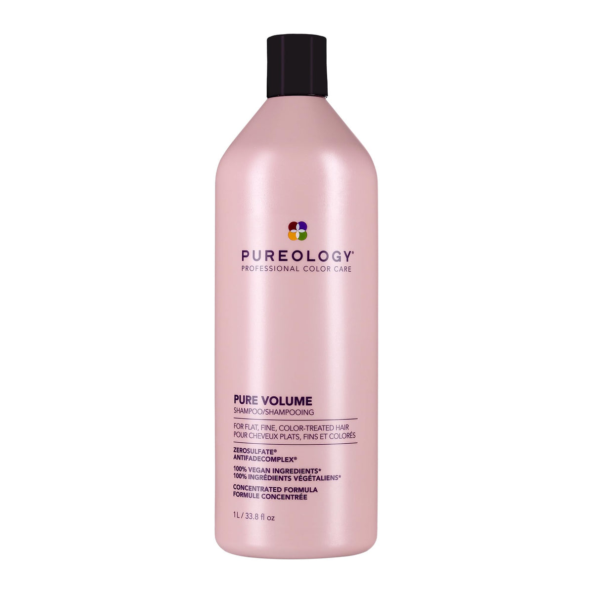 Pureology front packaging of Pure Volume shampoo showing bottle and branding benefits