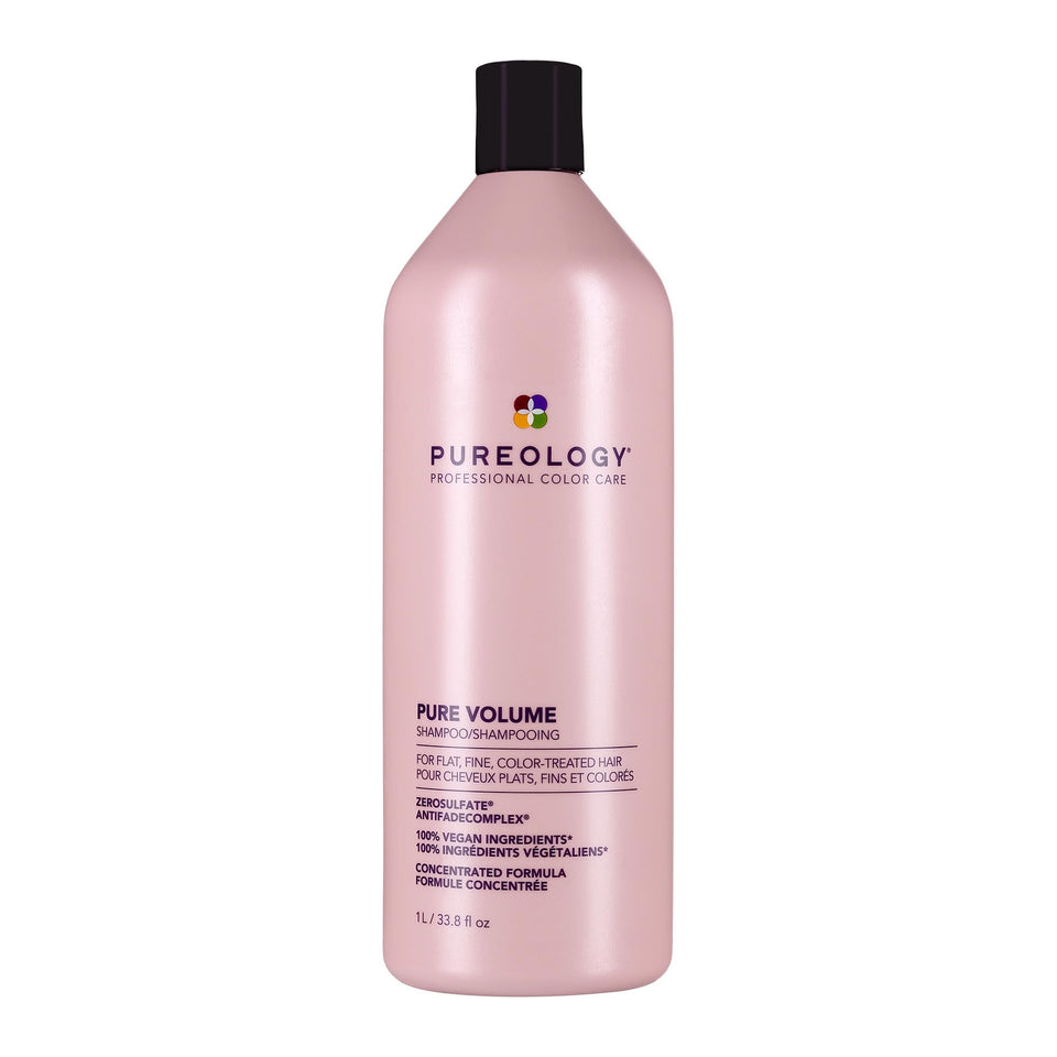 Pureology front packaging of Pure Volume shampoo showing bottle and branding benefits