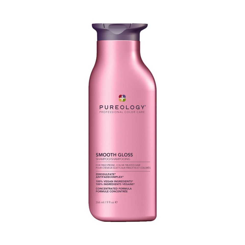 Pureology front bottle showing brand and glossy shampoo benefits