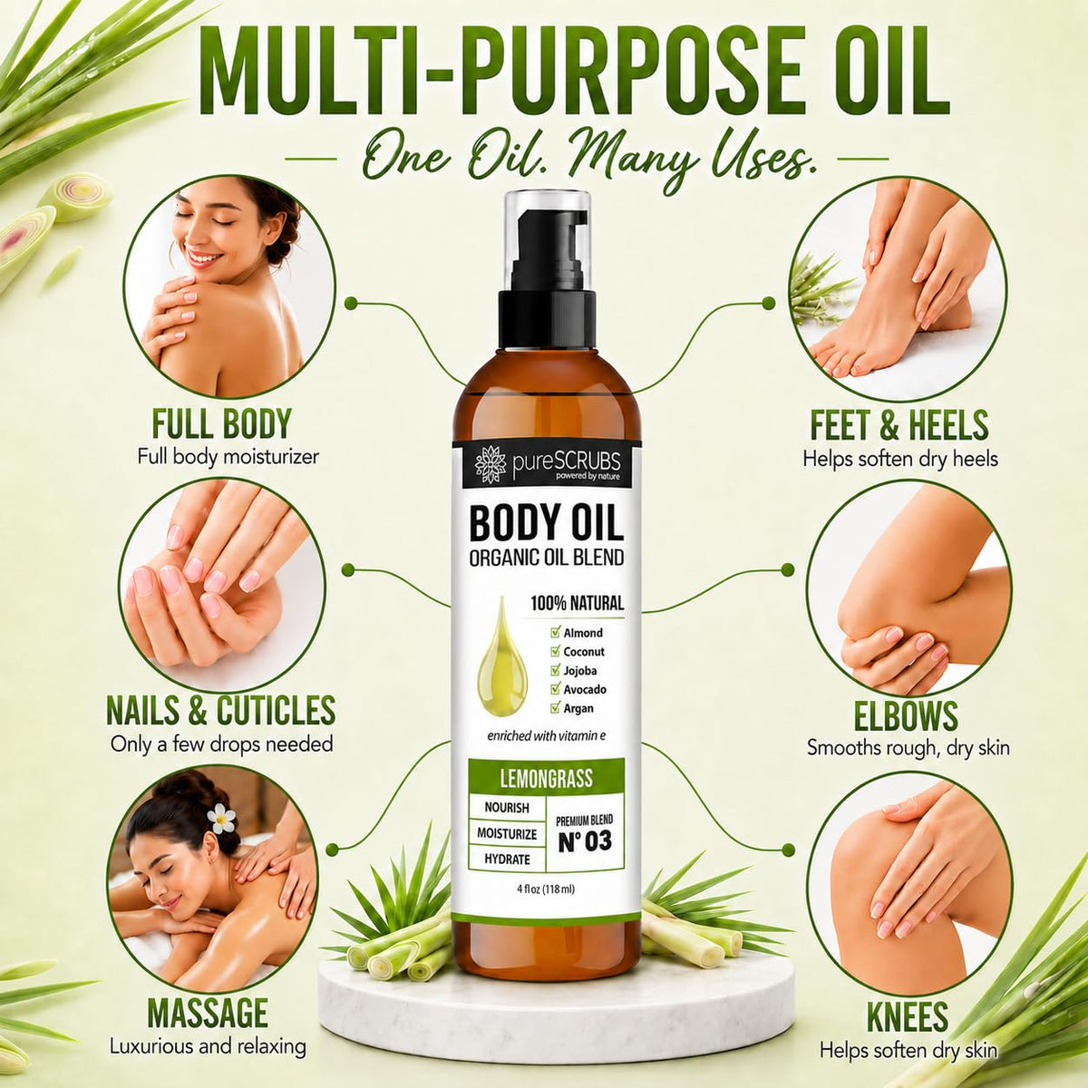 pureSCRUBS bottle size comparison showing 4 oz scale and travel-friendly convenience