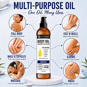 pureSCRUBS bottle surrounded by jojoba argan coconut oils indicating natural ingredients