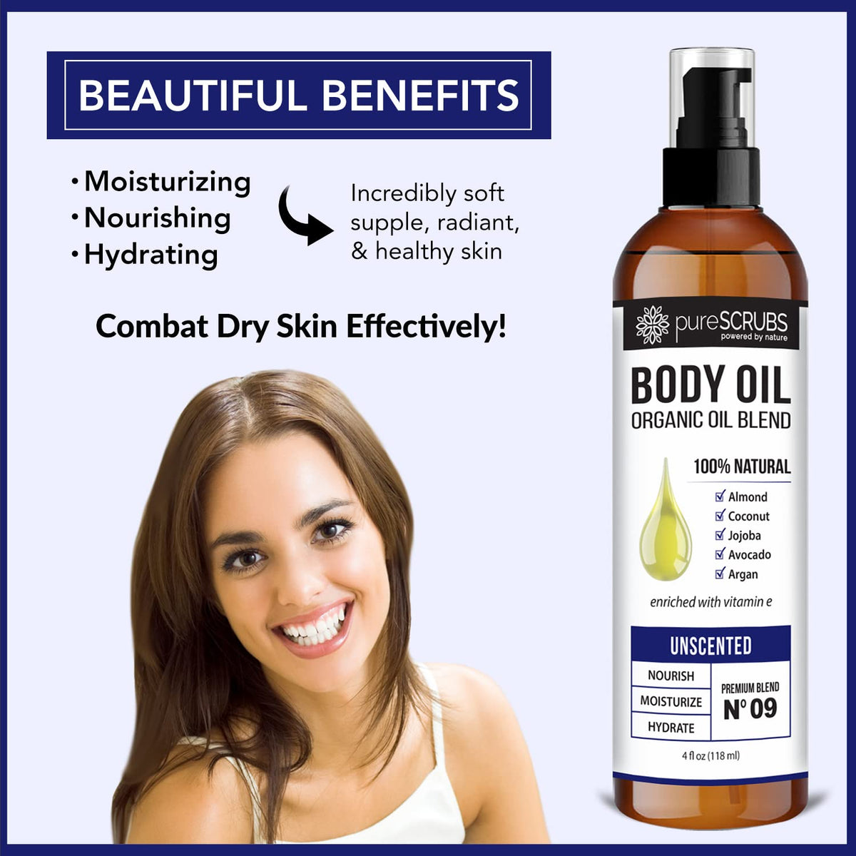 pureSCRUBS small amount on hair ends illustrating frizz control and shine