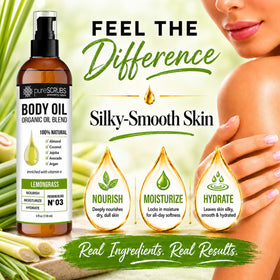 pureSCRUBS ingredient bottle arrangement highlighting botanical oils for skin nourishment