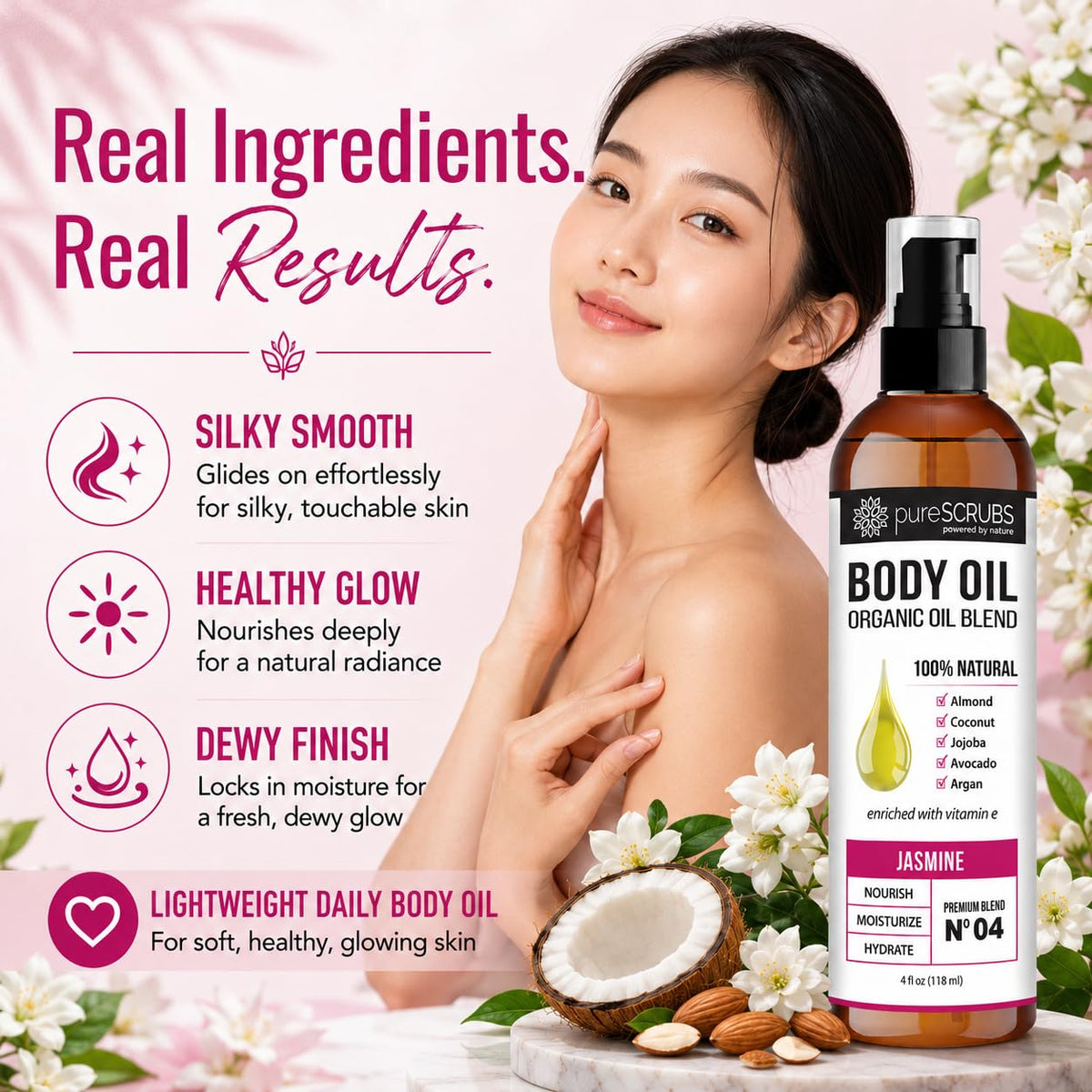 pureSCRUBS oil being poured to show smooth texture and quick absorption benefit