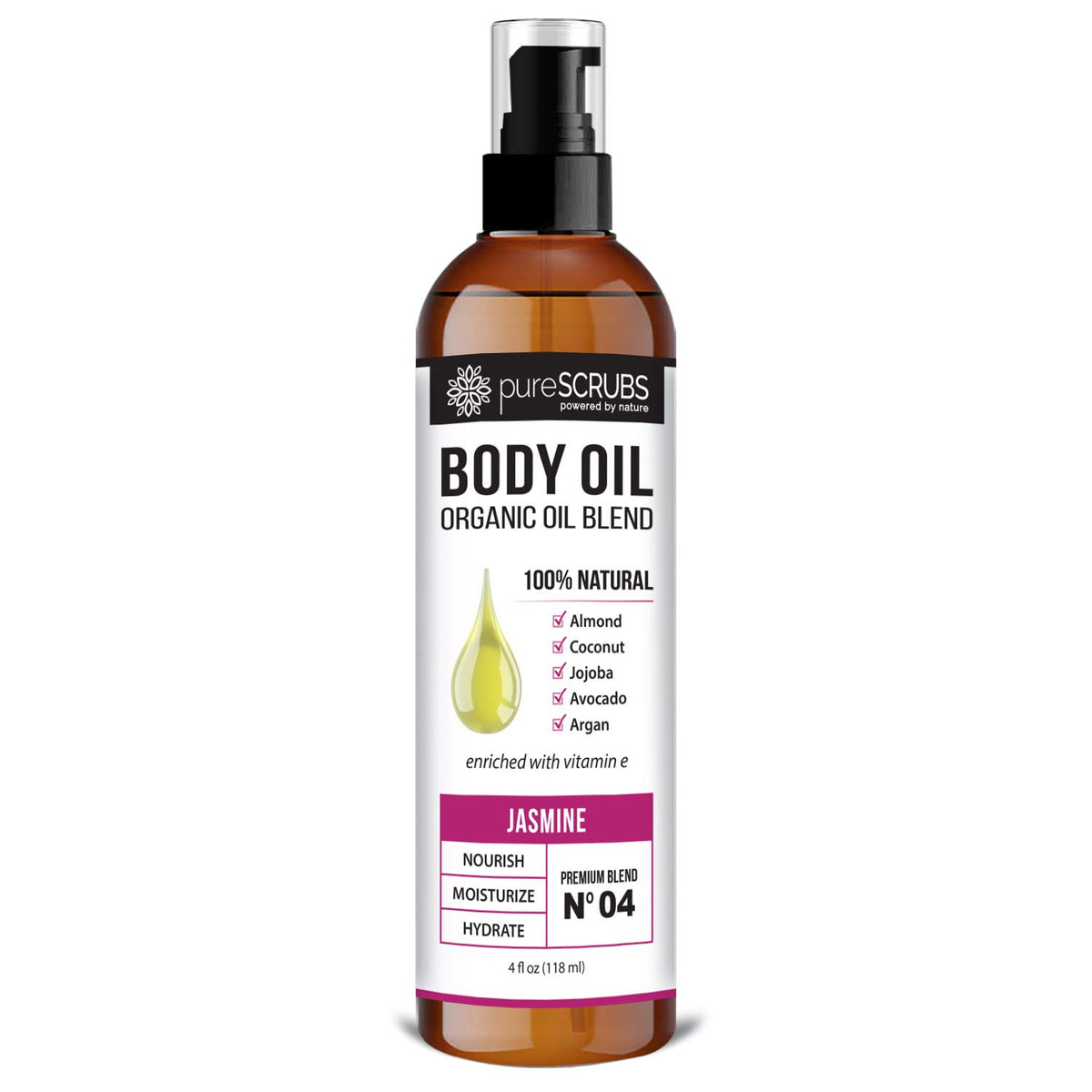 pureSCRUBS bottle front view showing jasmine oil and tidy packaging benefit