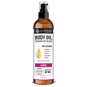 pureSCRUBS bottle front view showing jasmine oil and tidy packaging benefit