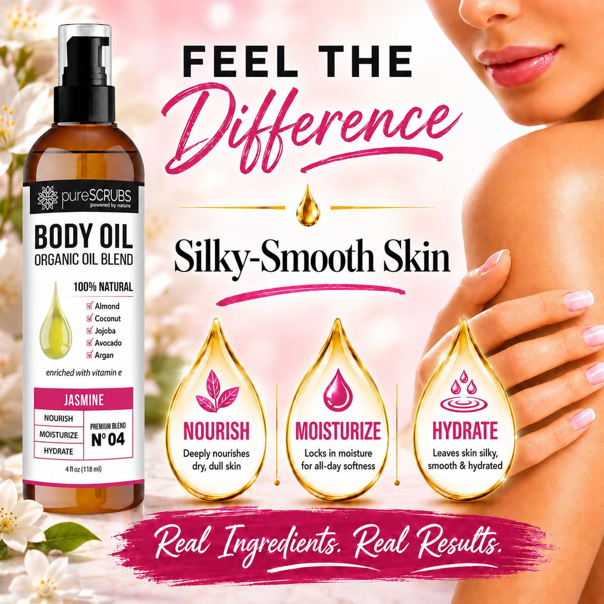 pureSCRUBS ingredient oils arranged to show botanical blend and nourishment benefit