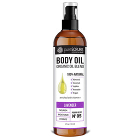 pureSCRUBS bottle front view showing lavender oil and packaging benefits