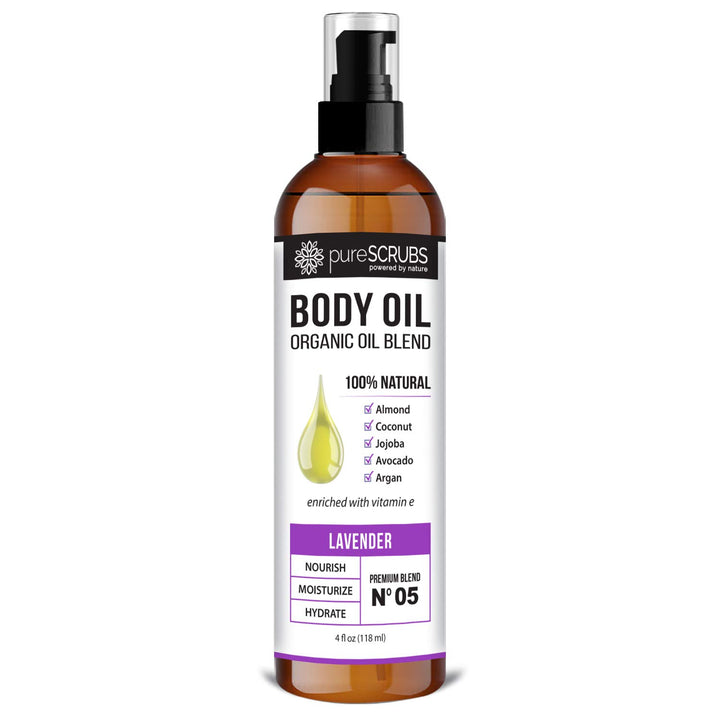 pureSCRUBS bottle front view showing lavender oil and packaging benefits