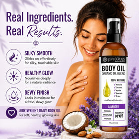 pureSCRUBS oil pouring onto hand demonstrating fast absorption and hydration