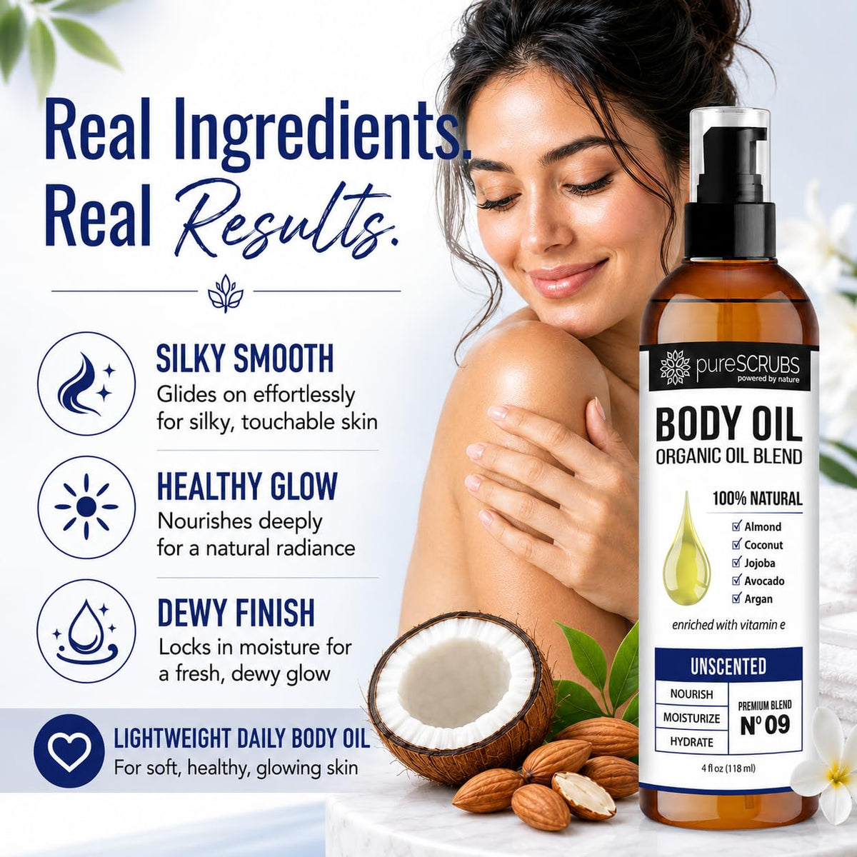pureSCRUBS oil texture spread on skin demonstrating lightweight absorption