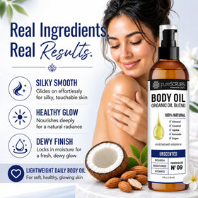 pureSCRUBS oil texture spread on skin demonstrating lightweight absorption