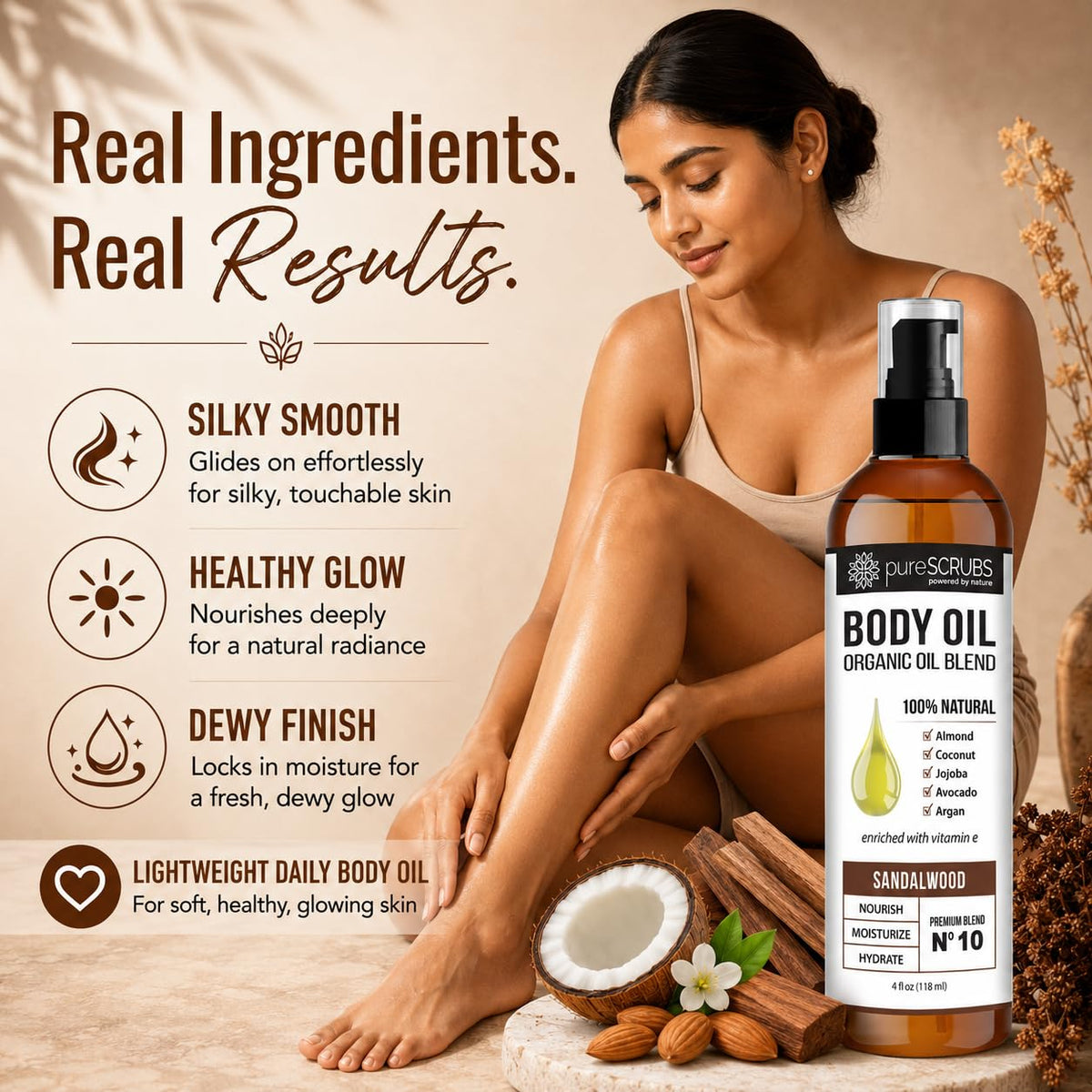 pureSCRUBS label close-up highlighting sandalwood scent and ingredients benefit