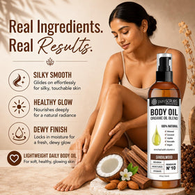 pureSCRUBS label close-up highlighting sandalwood scent and ingredients benefit