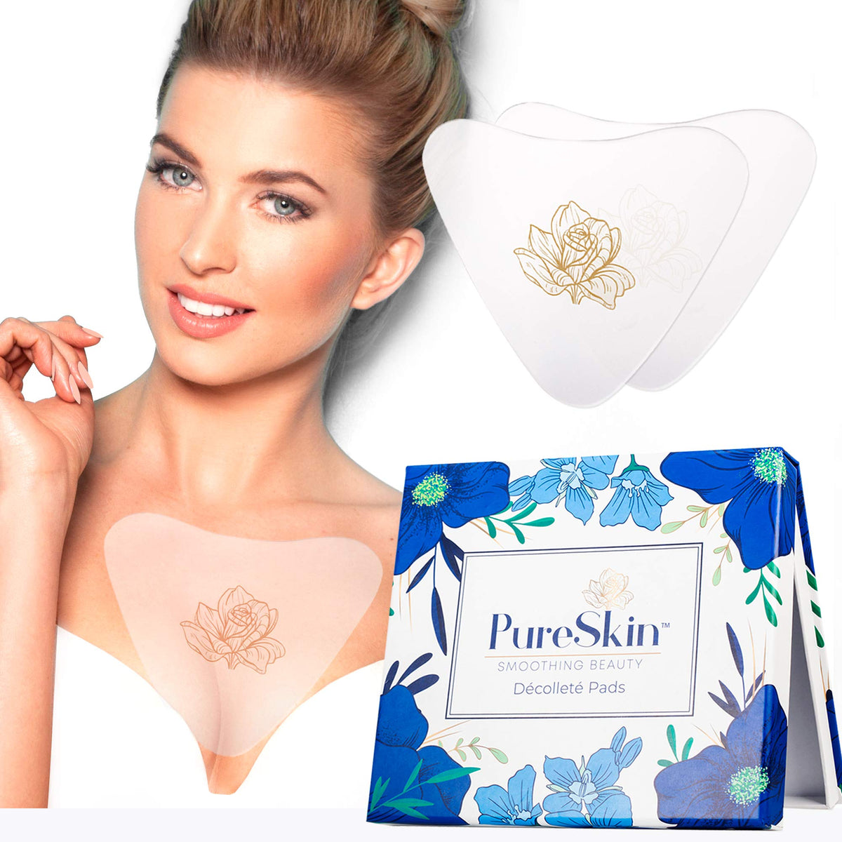 PureSkin front packaging showing four chest wrinkle pads and benefits