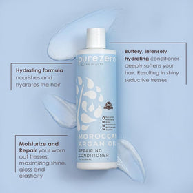 Purezero argan oil ingredient bottle highlighting natural nourishment for hair repair