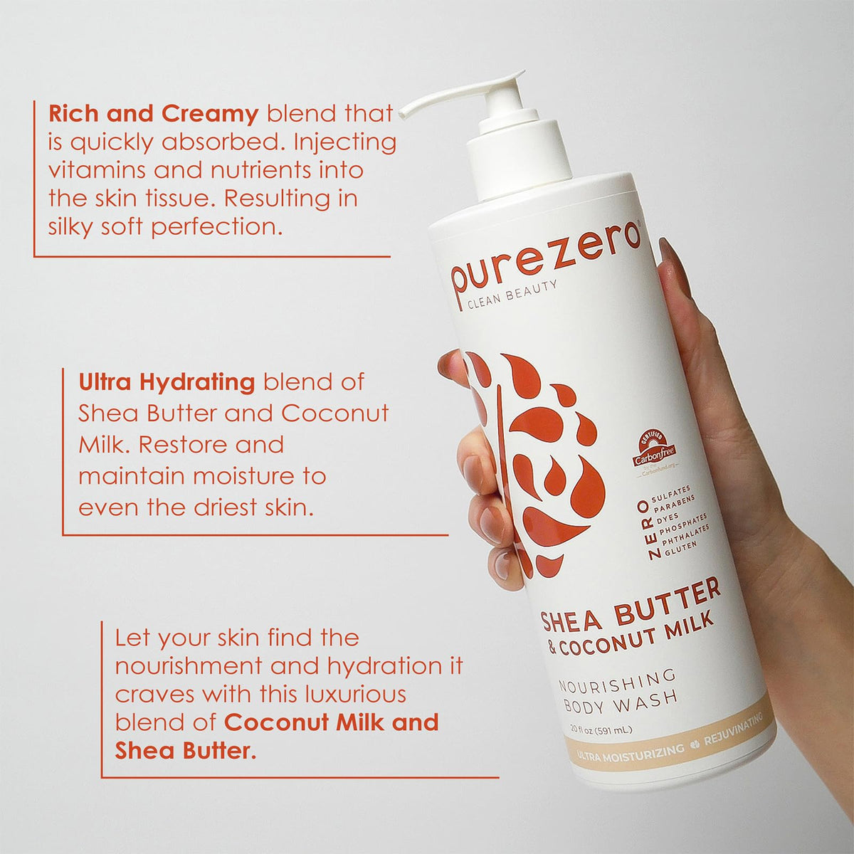 Purezero bottle label detail highlighting vegan and sulfate-free benefits