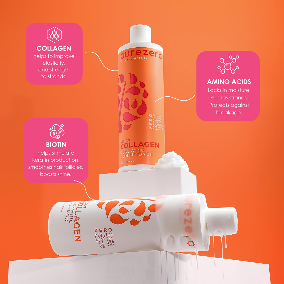 Purezero bottles on bathroom shelf suggesting organized, cruelty-free routine