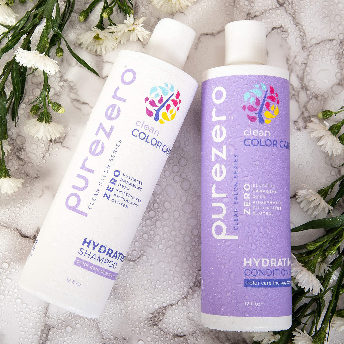Purezero bottles side by side highlighting matching shampoo and conditioner benefits