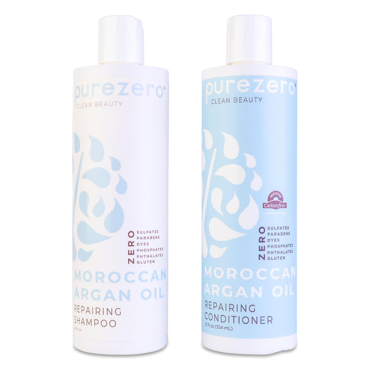 Purezero front-packaging showing complete argan oil shampoo and conditioner set benefits