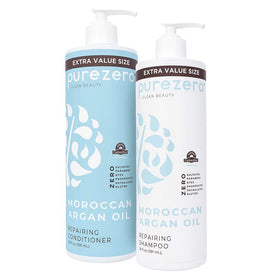Purezero front packaging showing shampoo and conditioner, clear clean-beauty benefit